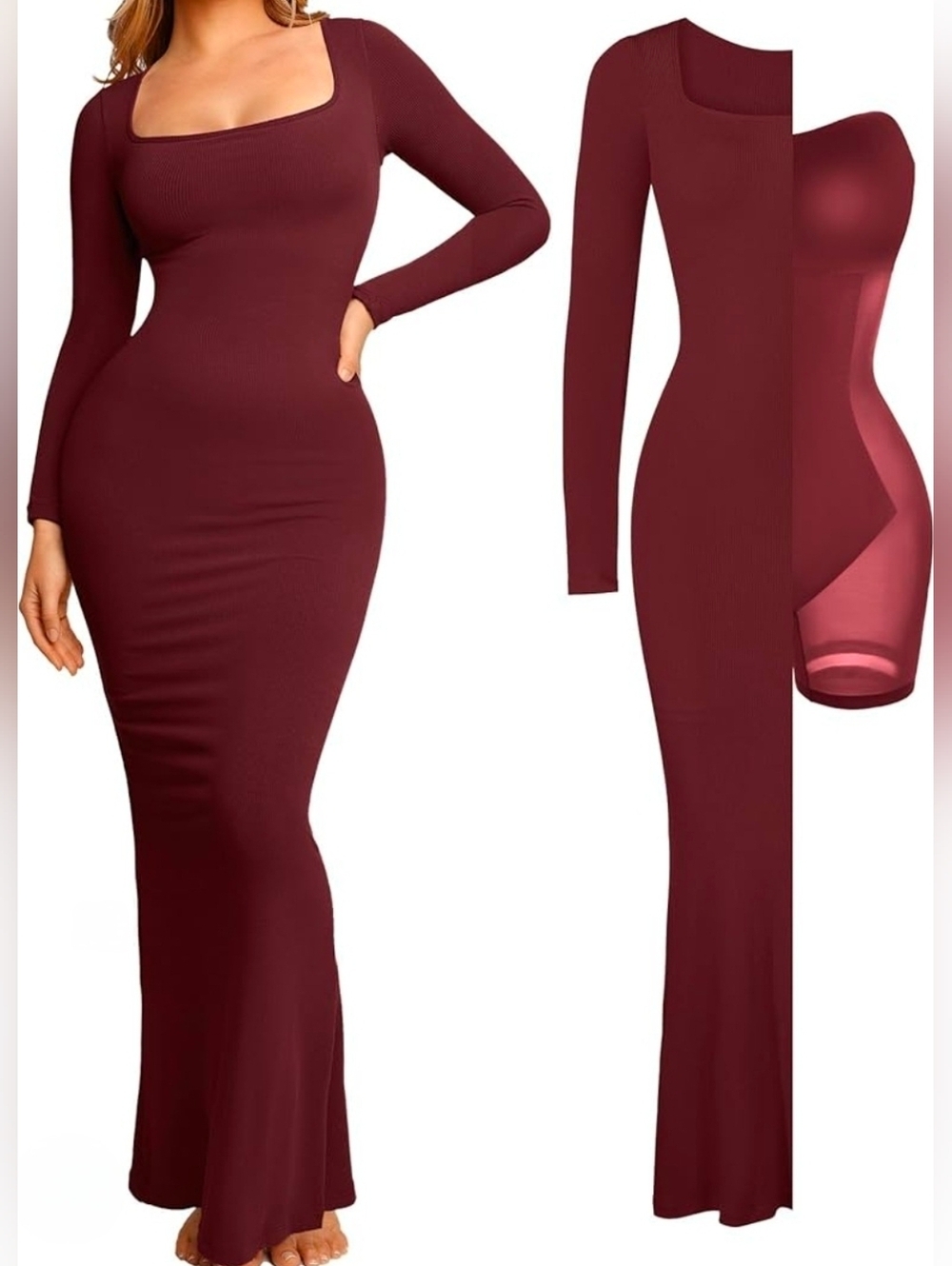 Popilush Square Neck Long Sleeve Maxi Dress in Burgundy
